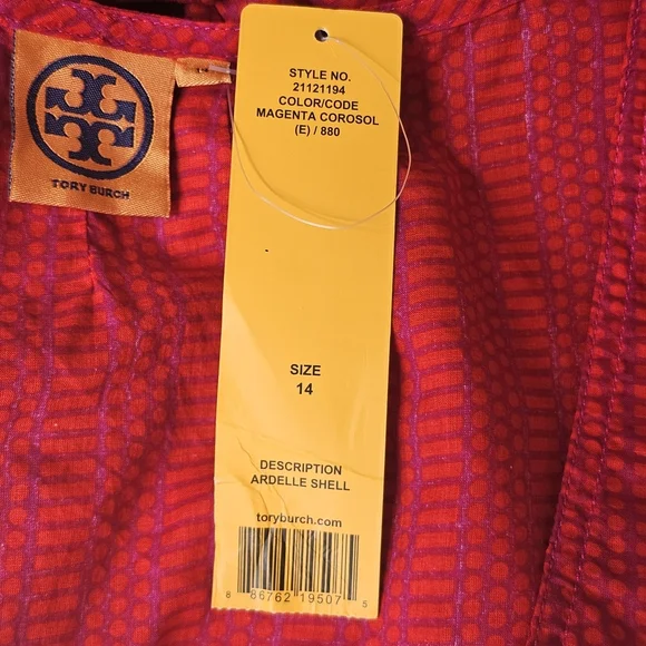 Tory Burch Semi sheer Sleeveless Red And Purple Patterned Blouse, Size Large - Picture 10 of 14